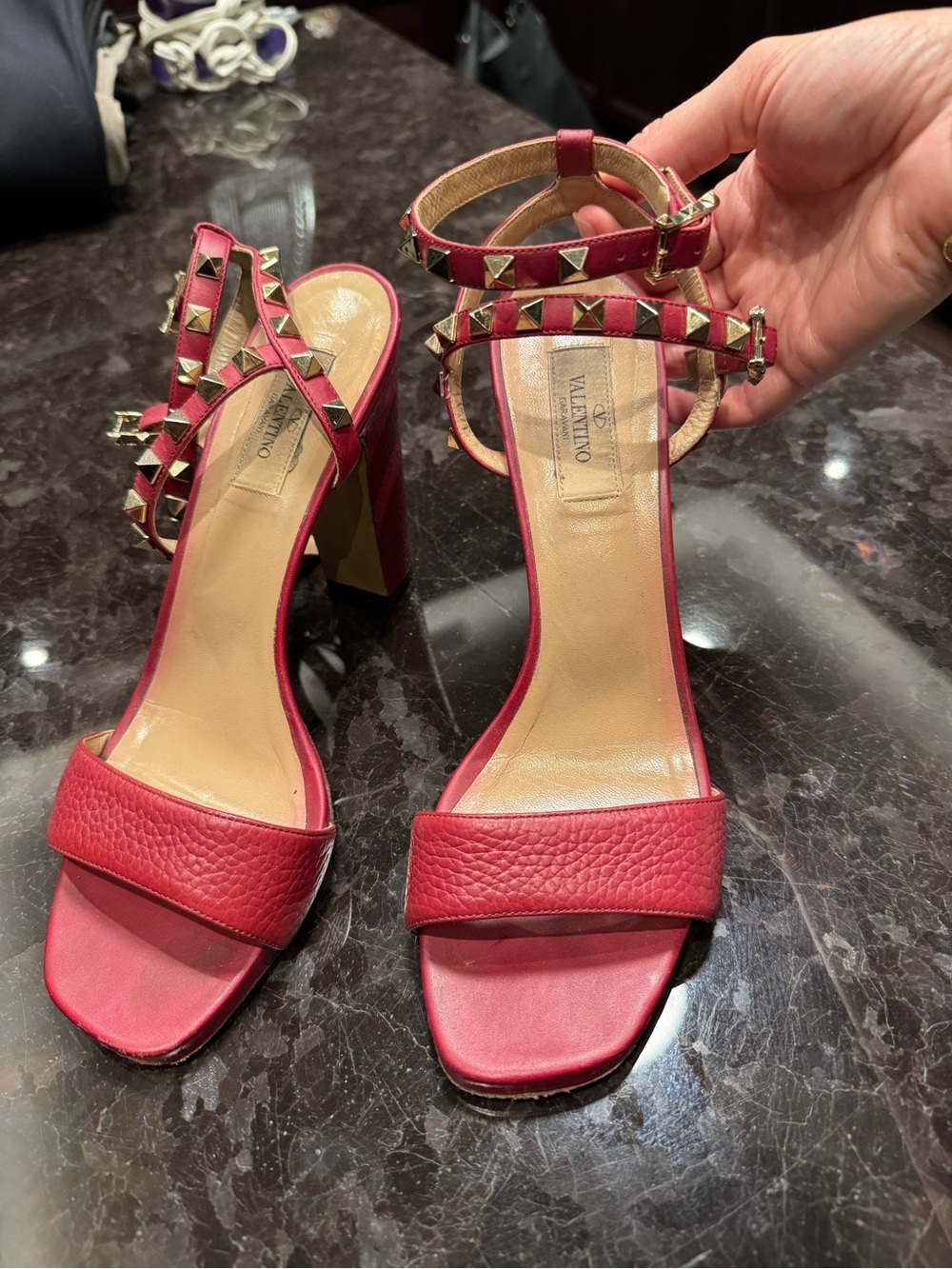 Valentino Garavani Red Leather Rockstud Block Heel Sandals - Picture 2 of 4